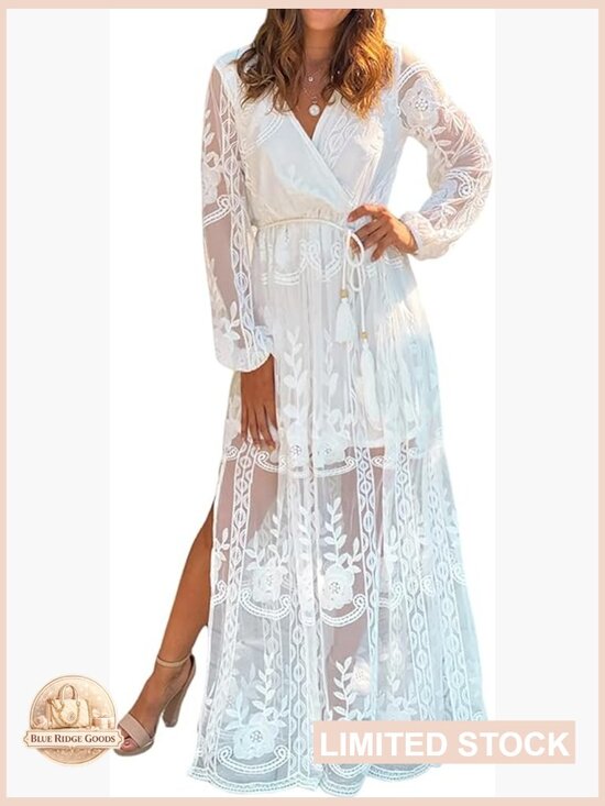 Dresses & Skirts - Womens V Neck Floral Embroidered Lace Maxi Dress Short Sleeve Slit Bridesmaid